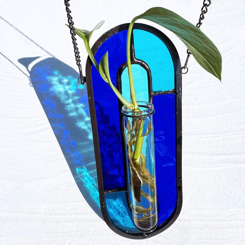LITMIND Transparent Blue Stained Glass Propagation Station - Handcrafted Suncatcher Hanging Planter with 2 Glass Tubes, Multi-Color Hydroponic Wall Décor for Windows, Home & Garden - Image 1
